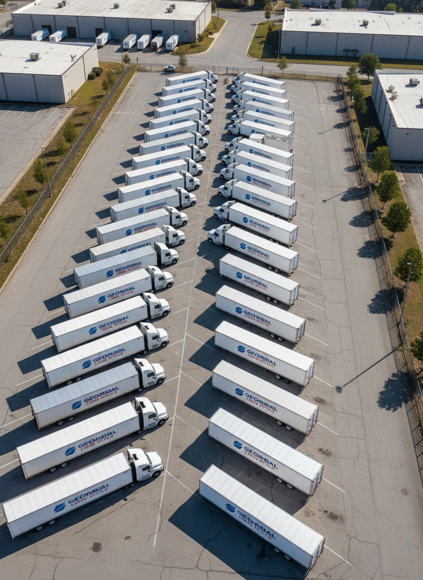 An aerial, bird’s-eye photographic view of a small branded fleet of white dry van semi-trucks neatly parked in a secure lot on the outskirts of Marietta, Georgia. The lot is outlined by clean fencing and sparse trees, with distant low industrial buildings hinting at a logistics hub. Each trailer is uniform, closed, and designed for dry goods, arranged in precise parallel rows that create strong geometric patterns. The lighting is bright midday sun, creating crisp, minimal shadows and a clear, businesslike atmosphere. The composition emphasizes symmetry and organization, suggesting reliable nationwide coverage from a focused local base.