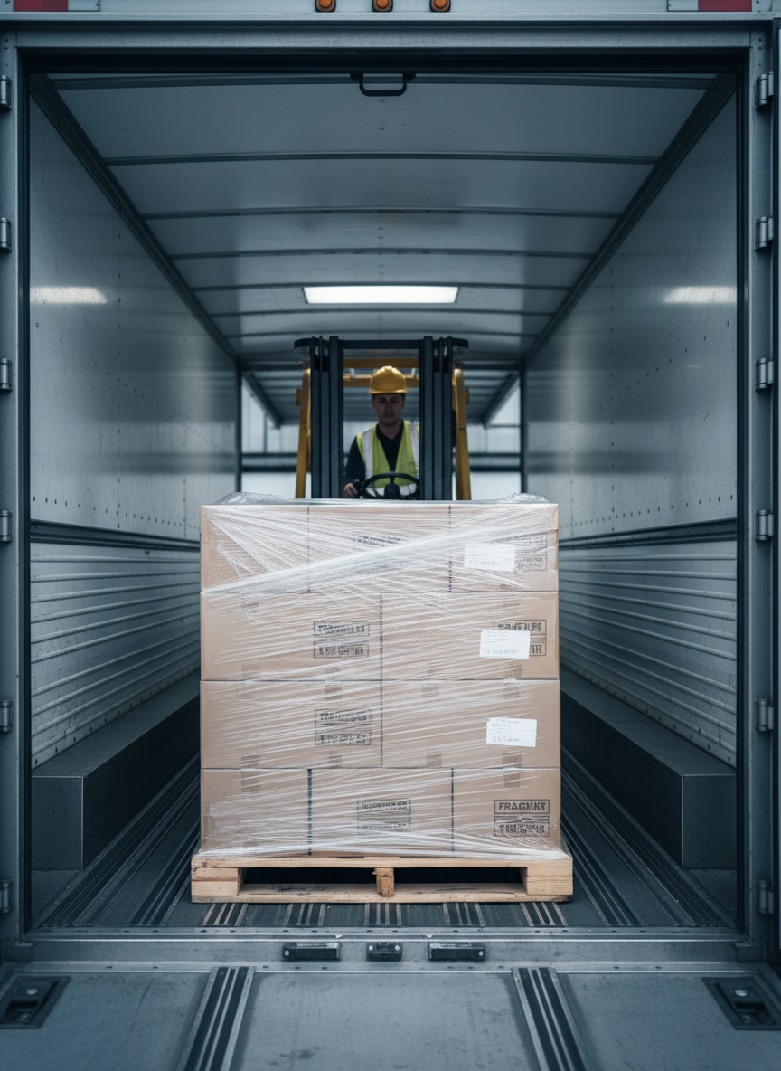 A close-up, photographic realism shot of a forklift carefully positioning a pallet of sealed cardboard cartons into the back of an enclosed dry van trailer. The pallet is wrapped in clear plastic, with sturdy wooden slats and neat stacking that highlight care for dry goods. Inside the trailer, metal floor rails and textured side panels catch the cool, diffused warehouse lighting from overhead fixtures. The camera is placed slightly inside the trailer, looking outward toward the loading bay, with the forklift and pallet framed by the trailer’s open door. The mood is meticulous, precise, and professional, emphasizing secure loading practices for long-haul transport.