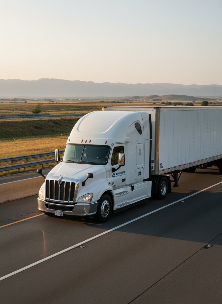 A sleek, late-model dry van semi-truck in pristine white with subtle blue reflective accents, prominently positioned on an open interstate highway. The trailer is fully enclosed to suggest dry goods transport, with clean, unmarked sides. In the distance, faint outlines of varied U.S. landscapes imply nationwide coverage. Soft golden hour sunlight washes across the truck’s polished metal surfaces, casting long, crisp shadows on the asphalt. Shot from a slightly low, three-quarter front angle in photographic realism, with sharp focus on the truck and a gently blurred horizon line. The mood is professional, reliable, and forward-moving, reflecting a modern transportation company based in Marietta, Georgia.