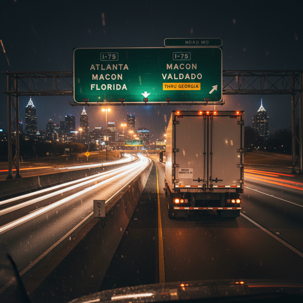 A dynamic, cinematic night scene of a white dry van semi-truck merging onto a major interstate near an illuminated highway sign indicating a route passing through Georgia. The truck’s headlights and side marker lights create streaks of warm light on the dark asphalt, while distant city glow and scattered taillights hint at long-distance, nationwide travel. The camera angle is low and slightly behind the truck, emphasizing movement and power, with a long exposure feel that adds subtle motion blur to the surroundings while keeping the truck in sharp focus. The overall mood is dependable and determined, showcasing around-the-clock dry goods transportation originating from Marietta.