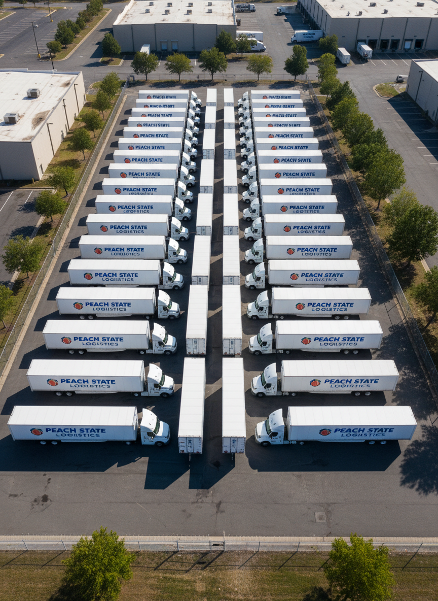 An aerial, bird’s-eye photographic view of a small branded fleet of white dry van semi-trucks neatly parked in a secure lot on the outskirts of Marietta, Georgia. The lot is outlined by clean fencing and sparse trees, with distant low industrial buildings hinting at a logistics hub. Each trailer is uniform, closed, and designed for dry goods, arranged in precise parallel rows that create strong geometric patterns. The lighting is bright midday sun, creating crisp, minimal shadows and a clear, businesslike atmosphere. The composition emphasizes symmetry and organization, suggesting reliable nationwide coverage from a focused local base.