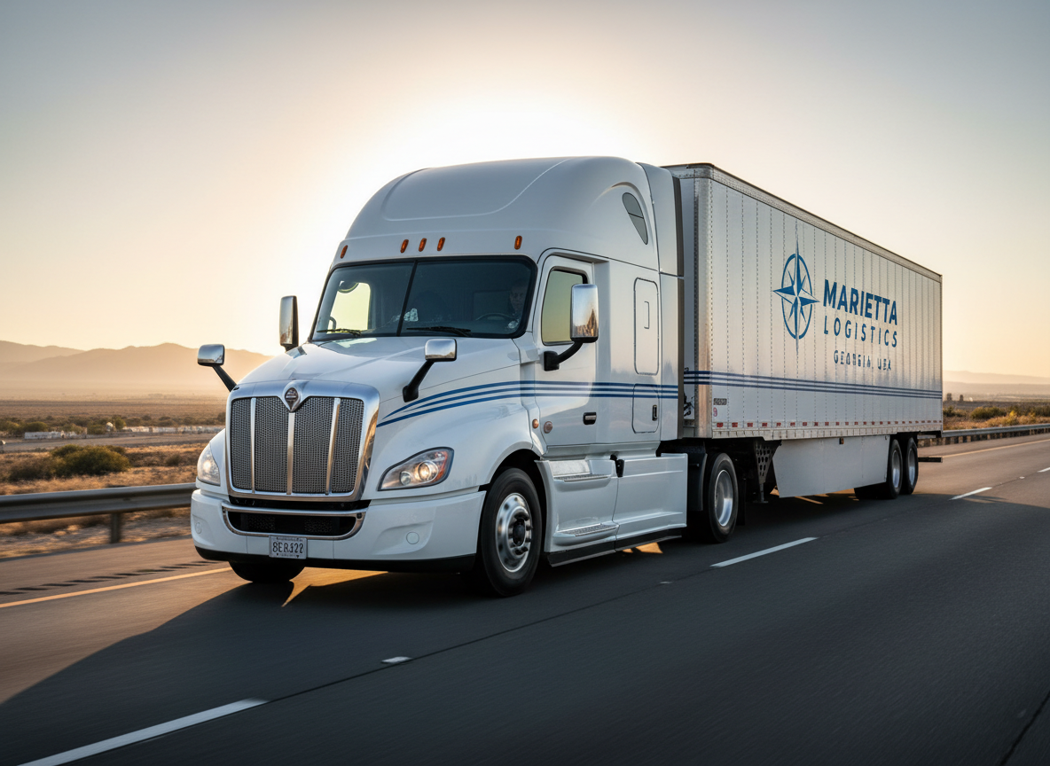 A sleek, late-model dry van semi-truck in pristine white with subtle blue reflective accents, prominently positioned on an open interstate highway. The trailer is fully enclosed to suggest dry goods transport, with clean, unmarked sides. In the distance, faint outlines of varied U.S. landscapes imply nationwide coverage. Soft golden hour sunlight washes across the truck’s polished metal surfaces, casting long, crisp shadows on the asphalt. Shot from a slightly low, three-quarter front angle in photographic realism, with sharp focus on the truck and a gently blurred horizon line. The mood is professional, reliable, and forward-moving, reflecting a modern transportation company based in Marietta, Georgia.