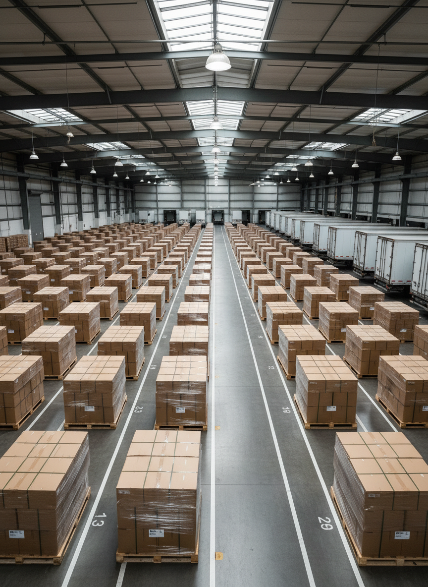 An expansive interior warehouse scene devoted to dry goods staging for transport. Multiple rows of standard-size pallets with neatly stacked boxes are arranged on the smooth concrete floor, with numbered loading lanes leading toward a row of closed, white dry van trailers at the far end. High skylights allow soft natural daylight to mix with overhead industrial lighting, creating a bright, neutral ambience with gentle shadows beneath the pallets. Shot from a slightly elevated angle with strong depth, the image uses converging lines of pallets and painted floor markings to draw the eye toward the trailers, conveying coordination, scale, and readiness for nationwide shipments.