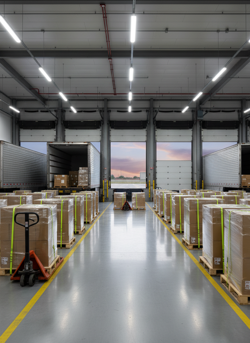 A spacious, well-organized freight loading dock with multiple enclosed dry van trailers backed up to leveler bays. Pallets of shrink-wrapped cardboard boxes are lined in neat rows on the polished concrete floor, each pallet secured with bright yellow straps to emphasize safe dry goods handling. Overhead industrial LED lights cast clean, even illumination with soft reflections on the floor. The camera is positioned at eye level, capturing the dock from inside looking outward toward the open bay doors, where a clear late afternoon sky is visible. The composition uses leading lines of dock edges and pallet jacks to guide the eye, conveying efficiency, order, and professionalism in photographic realism.