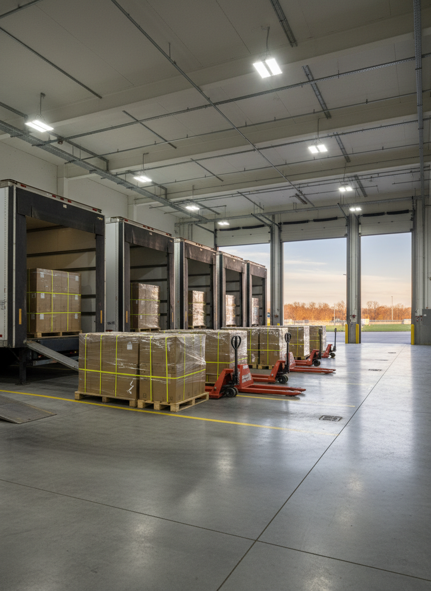A spacious, well-organized freight loading dock with multiple enclosed dry van trailers backed up to leveler bays. Pallets of shrink-wrapped cardboard boxes are lined in neat rows on the polished concrete floor, each pallet secured with bright yellow straps to emphasize safe dry goods handling. Overhead industrial LED lights cast clean, even illumination with soft reflections on the floor. The camera is positioned at eye level, capturing the dock from inside looking outward toward the open bay doors, where a clear late afternoon sky is visible. The composition uses leading lines of dock edges and pallet jacks to guide the eye, conveying efficiency, order, and professionalism in photographic realism.