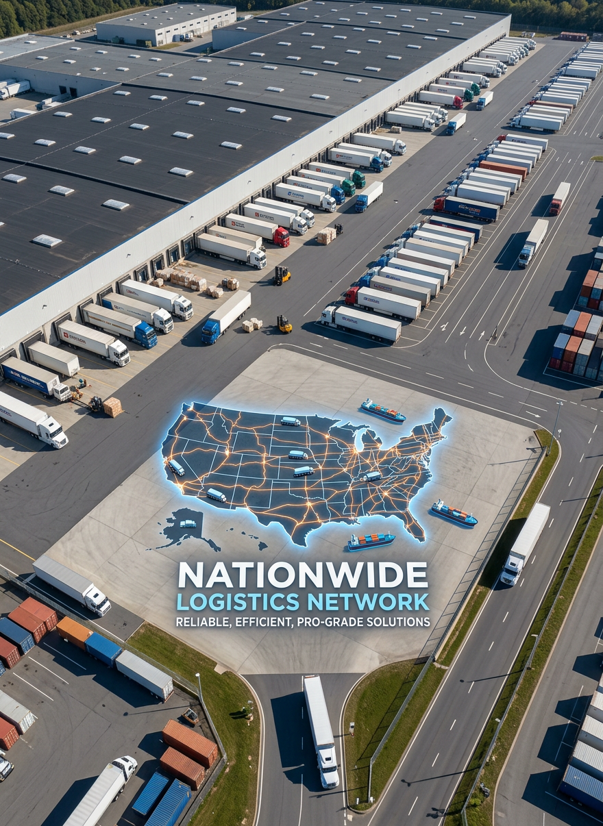 Transportation An aerial, bird’s-eye photographic view of a small branded fleet of white dry van semi-trucks neatly parked in a secure lot on the outskirts of Marietta, Georgia. The lot is outlined by clean fencing and sparse trees, with distant low industrial buildings hinting at a logistics hub. Each trailer is uniform, closed, and designed for dry goods, arranged in precise parallel rows that create strong geometric patterns. The lighting is bright midday sun, creating crisp, minimal shadows and a clear, businesslike atmosphere. The composition emphasizes symmetry and organization, suggesting reliable nationwide coverage from a focused local base.